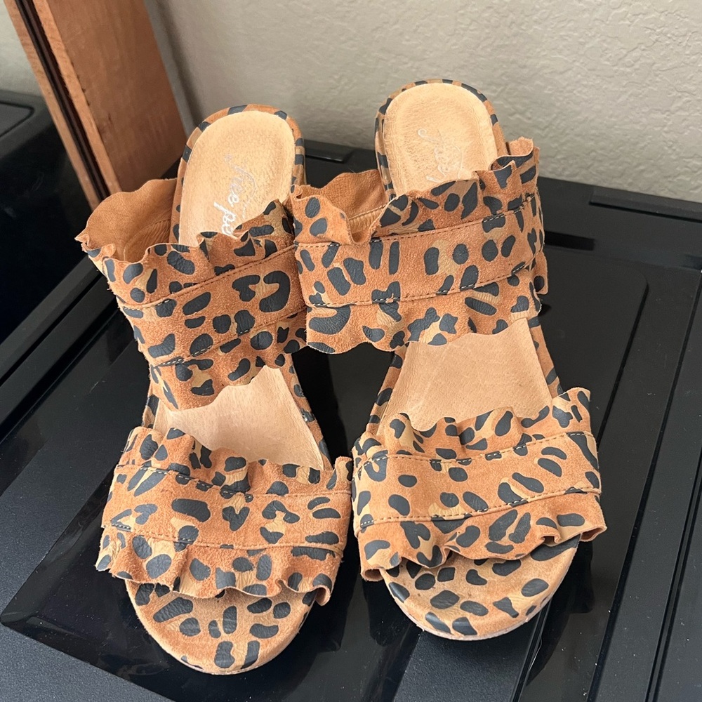 Free People Leopard Print Ruffle Block Heeled Mules